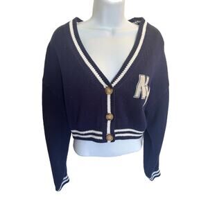 H&M Divided -Cropped Cardigan Sweater Navy Blue White New York NY Letter Knit Sm